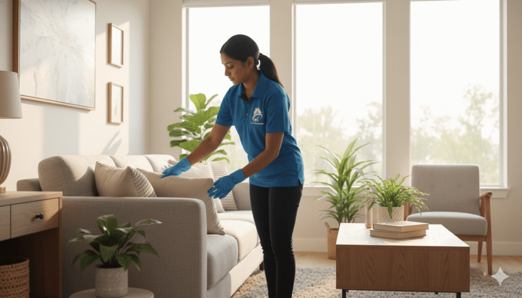 arranging furniture and decorative items in an Airbnb living room - HC CLEANING BUDDIES (38) (1)